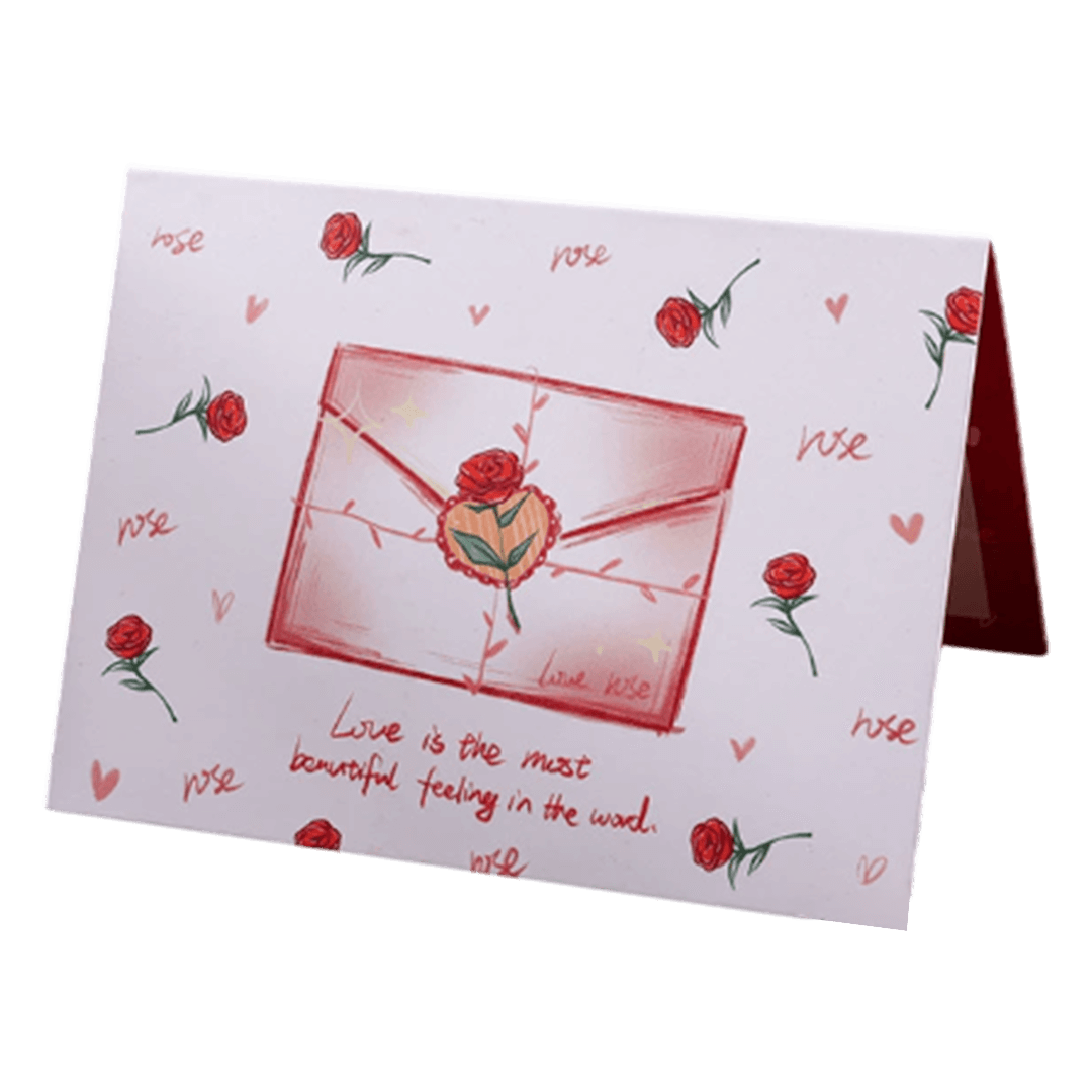 Valentijnskaart met rode roos en gepersonaliseerde envelop