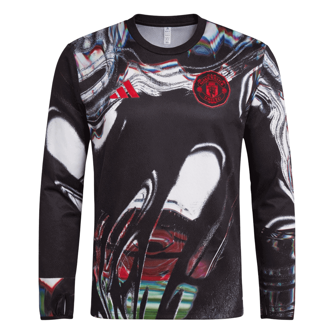 Manchester United Pre-Match Maillot Manches Longues 2025/26 Noir Grande Taille